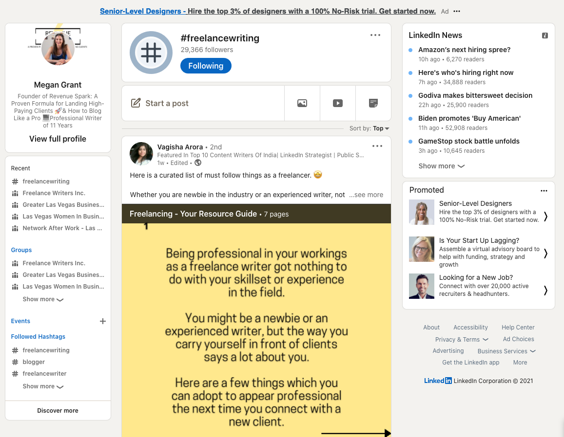 Freelance writing hashtag on LinkedIn