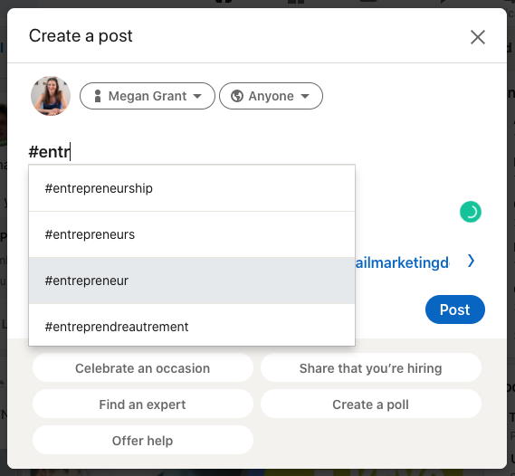 Hashtag options on LinkedIn