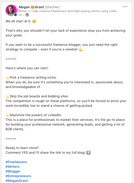 LinkedIn for freelancers post example