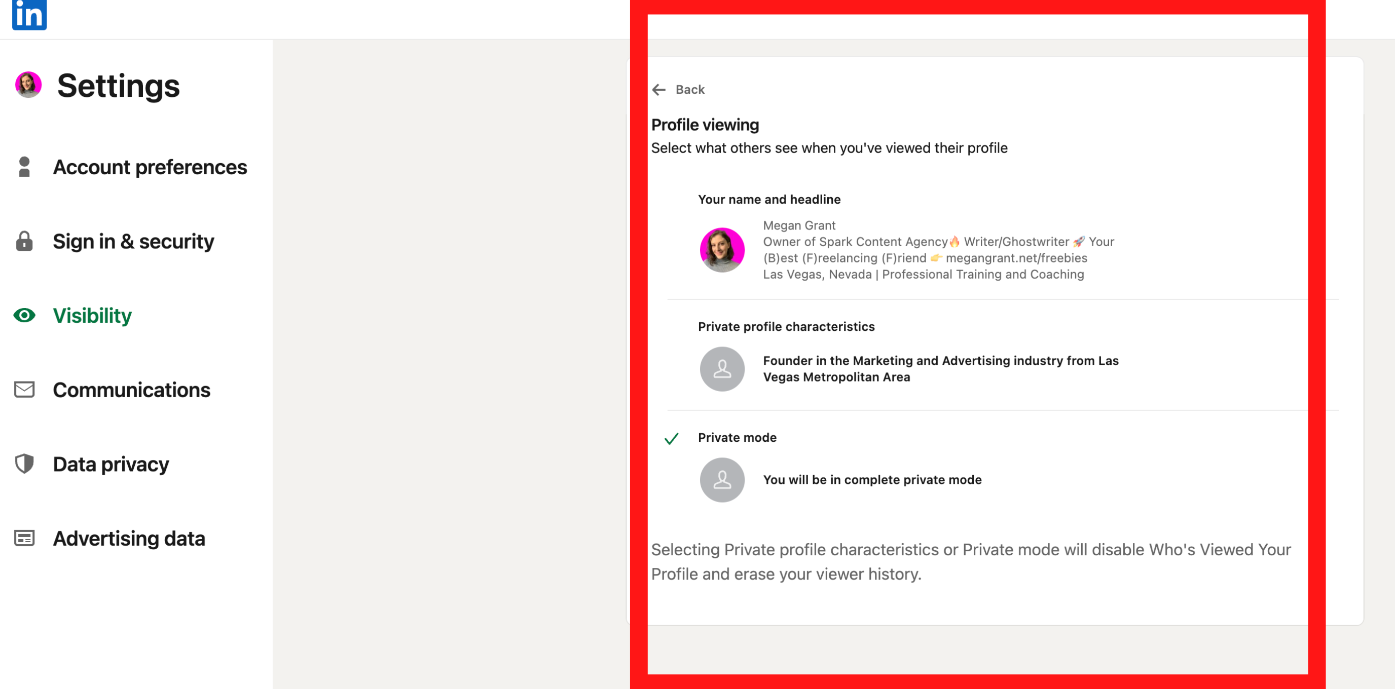LinkedIn profile viewing options