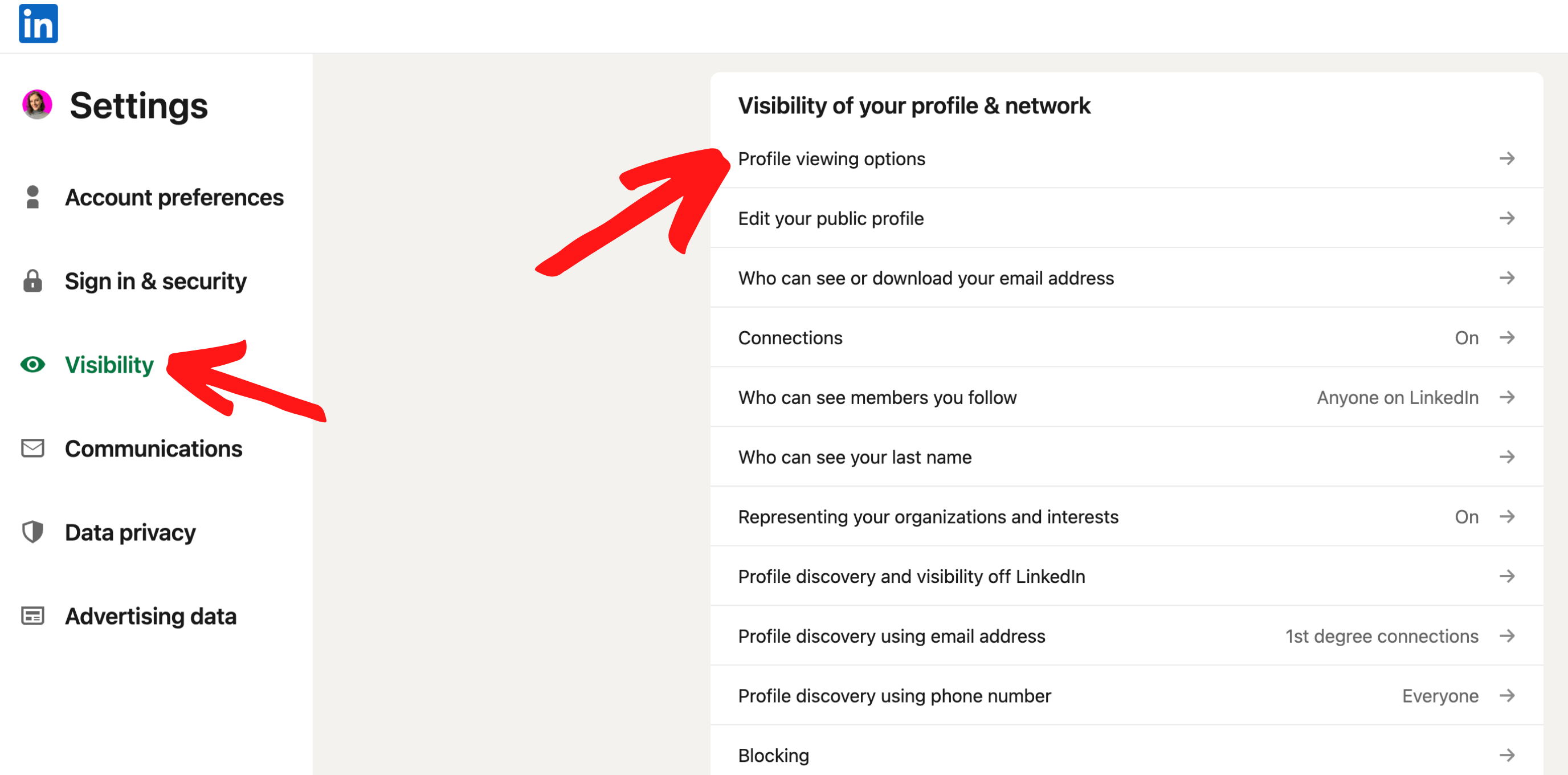 LinkedIn profile viewing options